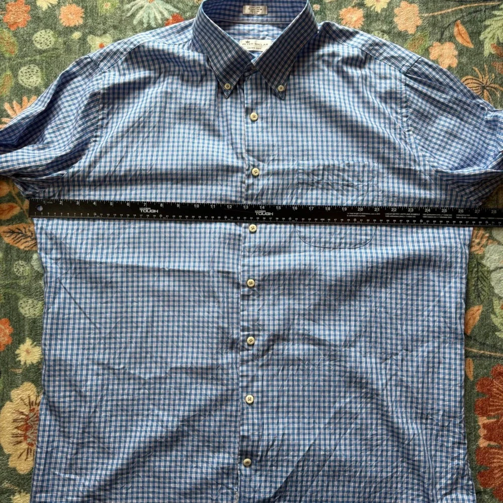 Peter Millar Crown Soft Mens XL Blue Plaid‎ Cotton Silk Button Down Shirt